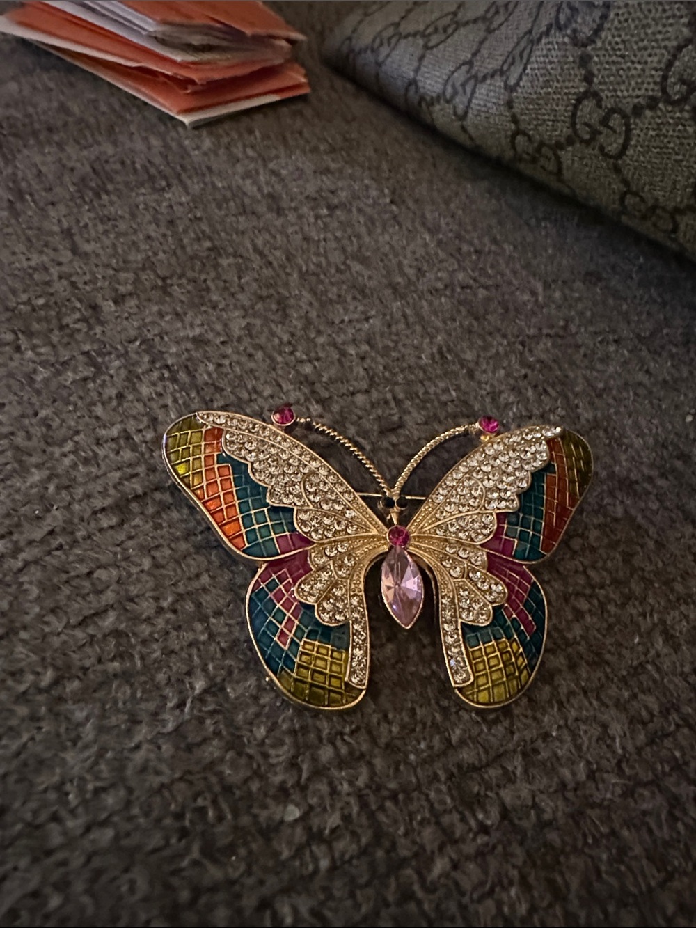 Source Unknown Multicolor Butterfly Brooch with Pink Stone